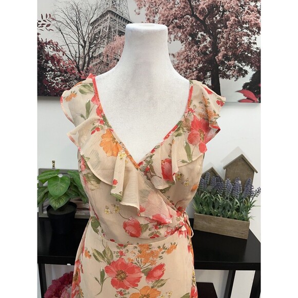 Lulus Women’s Wrap Long Dress Size  M Floral ruffled adjustable straps V Neck - Picture 4 of 12